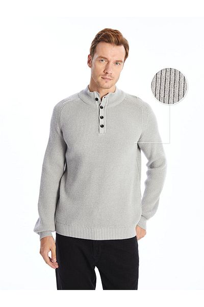 LC Waikiki Men's Knitwear Sweater - Buttoned, Stand Collar, Long Sleeve