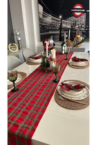Decamor home Runner ve Peçete Set Yeni Yıl Temalı Ekose Desen Pamuklu Uzun Runner