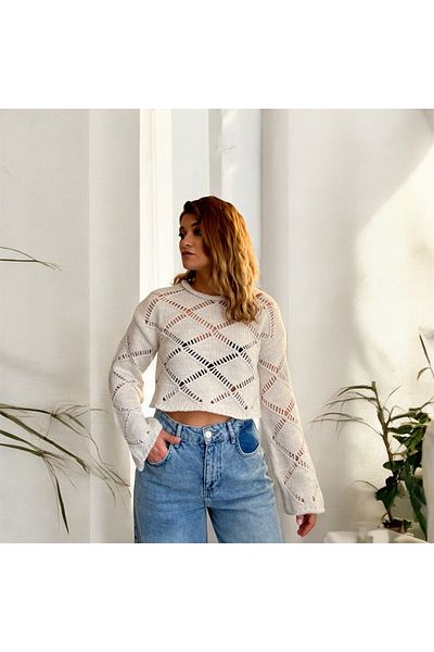 Nefise Women's Spanish Sleeve Diamond Pattern Hollowed Out Openwork Sweater
