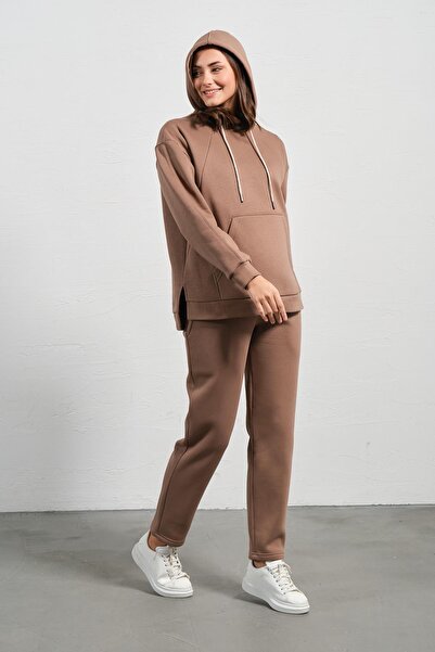 BUSA Hamile Esnek Karın Bantlı Beli Ayarlanabilir Kapüşonlu Emzirme Detaylı Termal Eşofman Takımı Ka