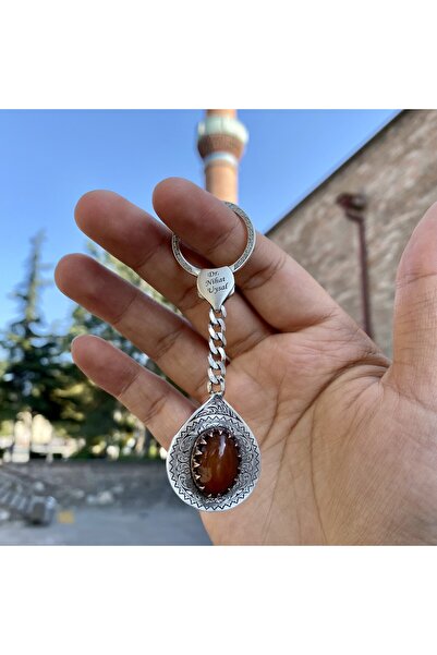 Sima Silver Gümüş Tasarım Akik Taşlı Gravür işlemeli Erkek Anahtarlık Takı
