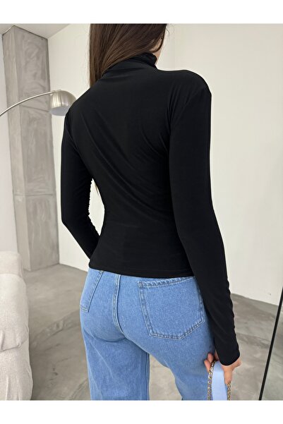 BİKELİFE Women's Black Drawstring Detailed Stand Collar Sandy Blouse