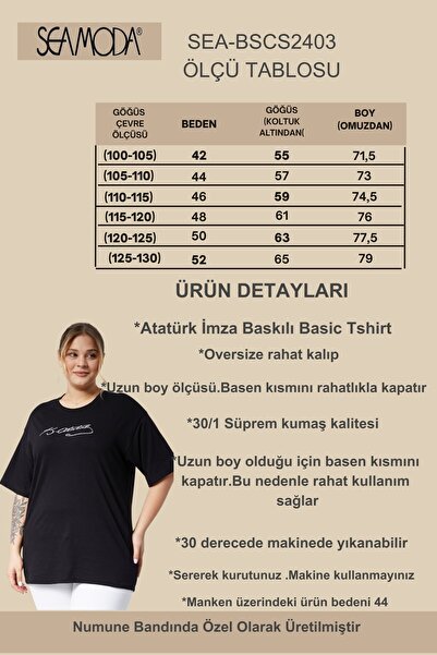 Seamoda Plus Size Ataturk Signature Printed Oversize Basic Comfort Short Sleeve Single Jersey T-Shirt-Black