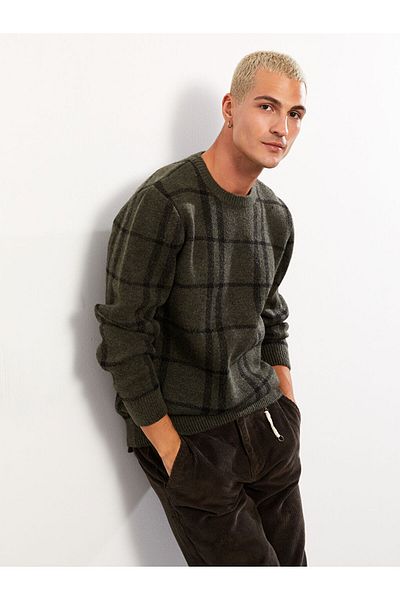 LC Waikiki LCW Casualowy sweter męski w kratę z okrągłym dekoltem i długim rękawem
