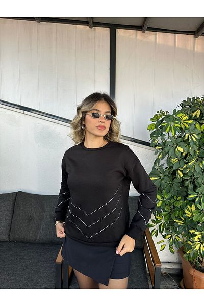 Kübra Tekstil Hanorac de damă negru cu detalii în piatră