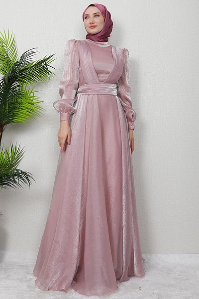 GİZ AGİYİM V Pleated Hijab Evening Dress Powder