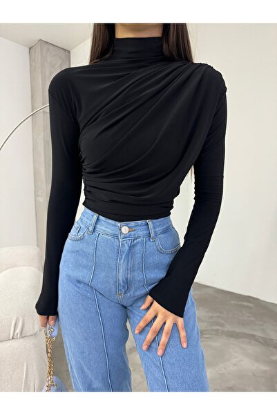 BİKELİFE Women's Black Drawstring Detailed Stand Collar Sandy Blouse