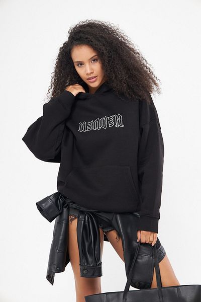 The Champ Clothing Черен суитшърт с качулка и полар отвътре, голям размер и принт с камъни Heaven Written Stone