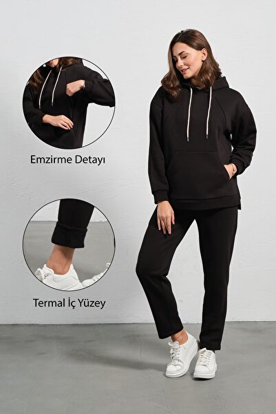 BUSA Hamile Esnek Karın Bantlı Beli Ayarlanabilir Kapüşonlu Emzirme Detaylı T...