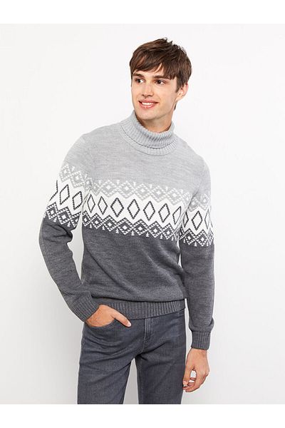 LC Waikiki Lcw Casual Gray Turtleneck Long Sleeve Patterned Men's Knitwear Sweater