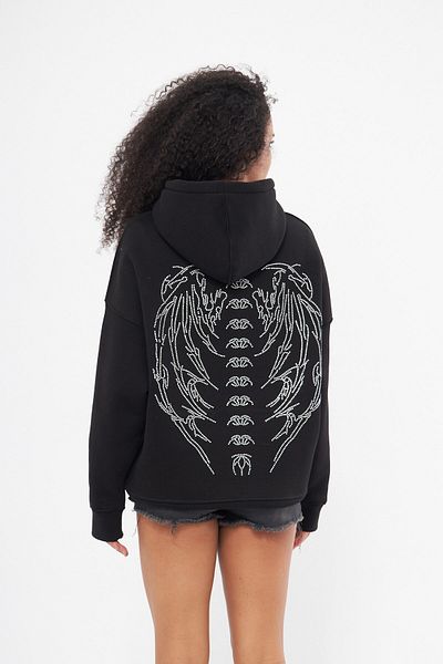 The Champ Clothing Черен суитшърт с качулка и полар отвътре, голям размер и принт с камъни Heaven Written Stone