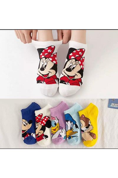 dm del more 5 Pairs Women's Cute Multicolor Washed Cartoon Patterned Booties Ankle Socks