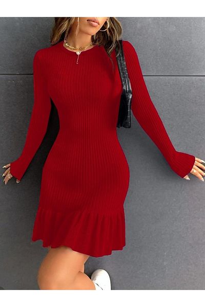 Kokosh moda Γυναικείο μακρυμάνικο πλεκτό με βολάν στο πάνω μέρος της φούστας (πολυνίτης) Πρωτοχρονιάτικο ειδικό μίνι μέγεθος χέρι