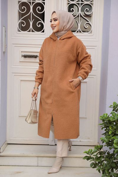 Neva Style Belted Camel Felt Hijab Coat 72151C