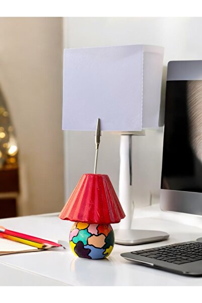 Perazayn Kırmızı Abajur Fotoğraf Not Tutacağı Ofis Masası Hediyelik Tutucu