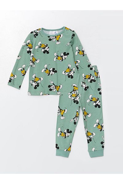 LC Waikiki LCW baby ματ πράσινη στάμπα με λαιμόκοψη με μακρυμάνικο εμπριμέ σετ πιτζάμες για αγοράκι