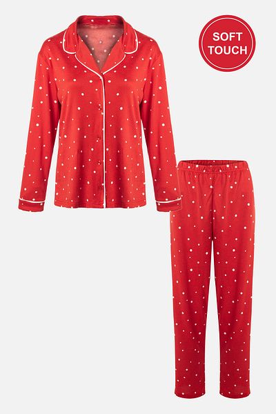 koza iç giyim Women's Soft Touch Red Polka Dot Print Shirt Neck Long Sleeve Pajamas Set