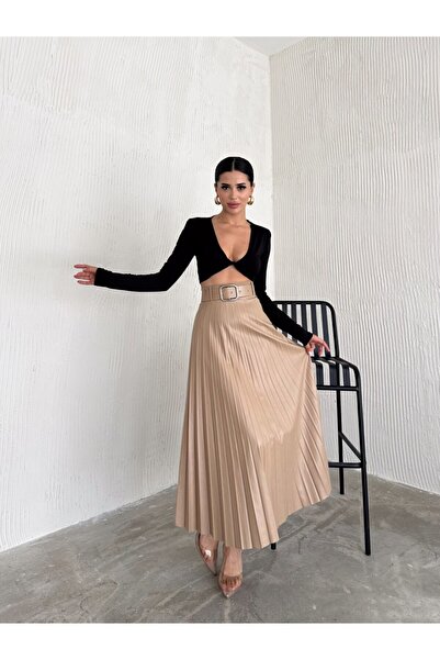 KAŞİHA KADIN KEMERLİ PİLELİ UZUN DERİ ETEK