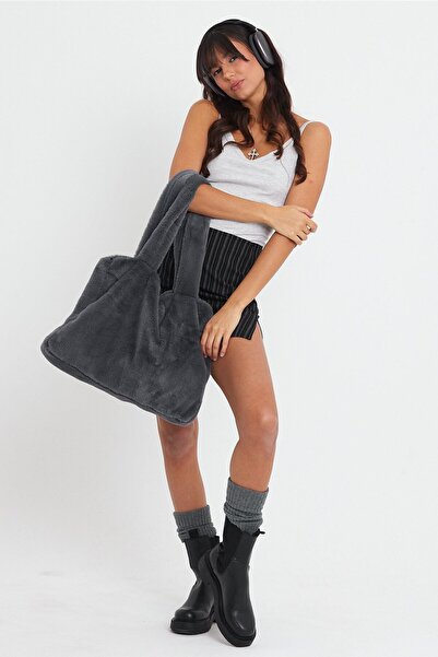 fluffy Сіра сумка для ноутбука жіноча плюшева сумка для комп'ютера Toscana 42x34 з ручкою 65 см