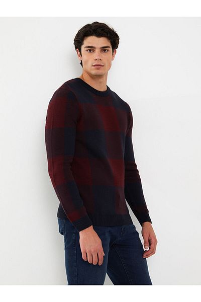 LC Waikiki Crew Neck Long Sleeve Plaid Men's Knitwear Sweater
