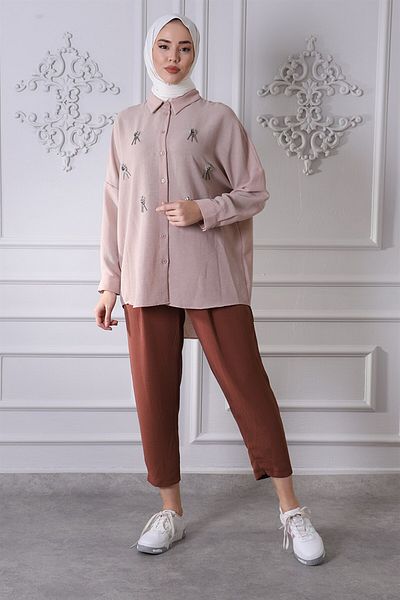 Loreen Loreren 20479 Χαμηλό μανίκι πέτρινο λεπτομερές πουκάμισο μπεζ