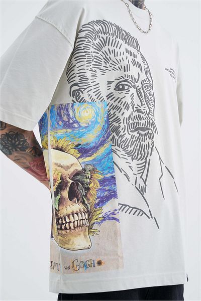 Machinist Ανδρικό μπλουζάκι με στάμπα Van Gogh σε γκρι oversize