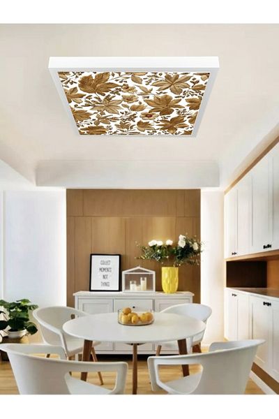 Gökyüzü Panel Copper Print Led Chandelier, Modern 60cm X 60cm Square, 60Watt Luxury Chandelier, Leaves New Home Hall Chandelier,