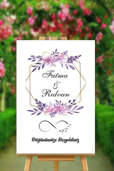 Yogi Tasarım Pink Purple Floral Wedding Mdf Welcome Board