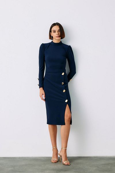 Sateen Button Detailed Pencil Skirt - Dark Blue