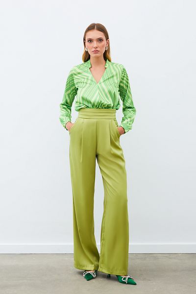 Sateen Double-Breasted Patterned Blouse - Green