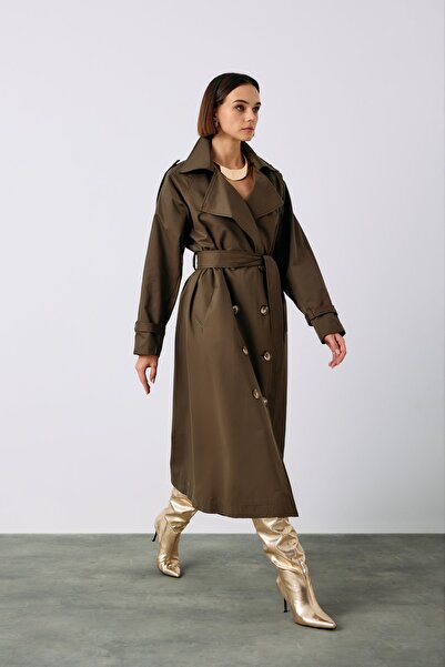 Sateen Довгий плащ з поясом - HAKİ