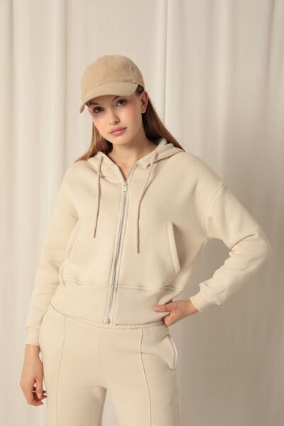 Store Three Thread Zipper Hooded Short Beige Sweat