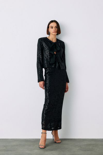 Sateen Front Belted Sequined Short Jacket - Black