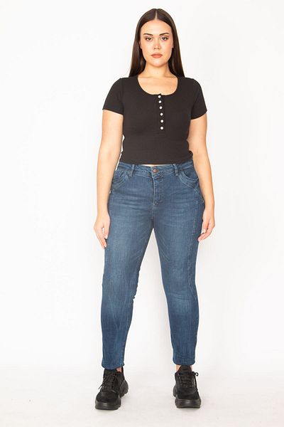 Şans Γυναικείο μεγάλου μεγέθους Navy Blue Side Seam Λεπτομερές πλυμένο εφέ 5 τζιν 65n29559