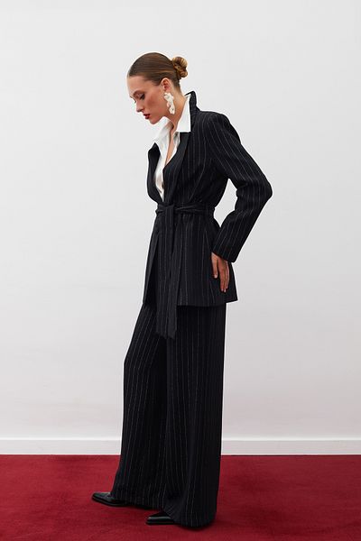 Sateen Glitter Striped Trousers - Black Striped