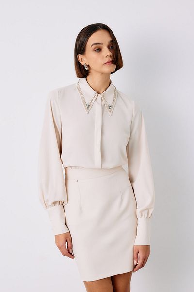 Sateen Cămașă cu guler brodat de culoare BEIGE
