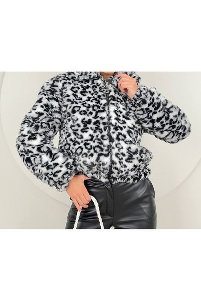 GİZONLY Leopard Patterned Plush Coat with Zipper