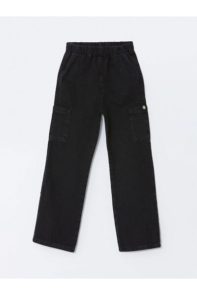 LC Waikiki Black Elastic Waist Wideleg Girl's Cargo Jean Trousers