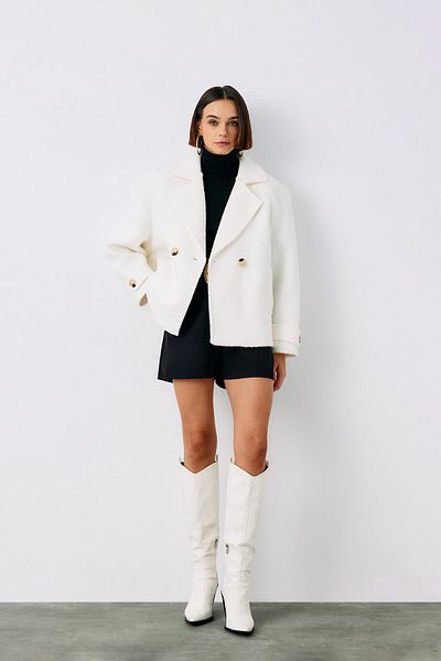 Sateen Ekru Brand Short Boucle Coat