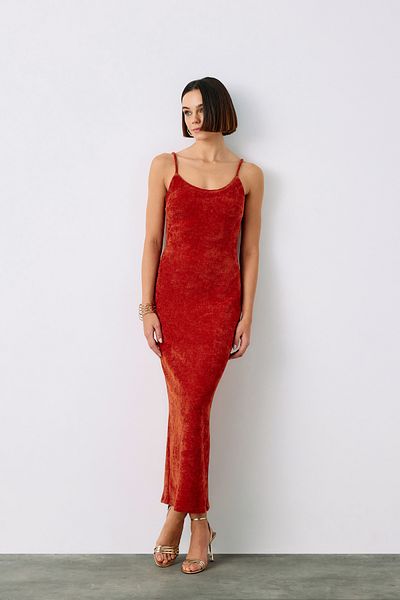 Sateen Crimson Color Midi Strap Velvet Dress