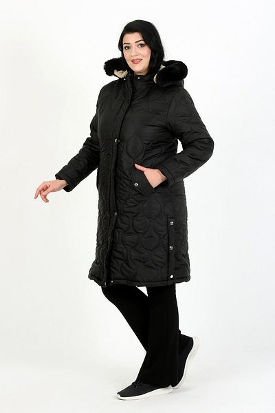 By Alba Collection Women's Black Long Woolen Quilted Plus Size Coat