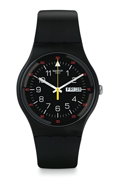 Swatch ساعة رجالية أصلية من يوكوراس، مينا أسود، سوار سيليكون، موديل SUOB724