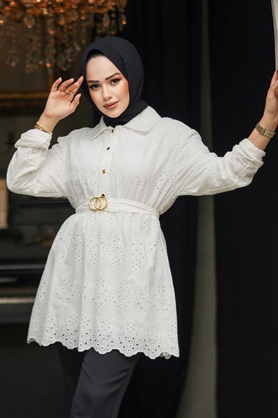 Neva Style Tunica Hijab cu dantela alba - 14252B