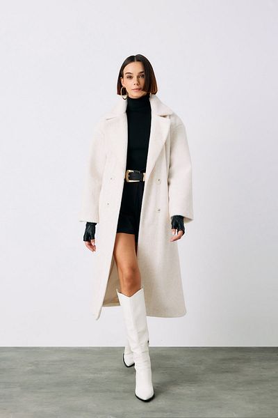 Sateen Ekru Buttoned Cashmere Coat