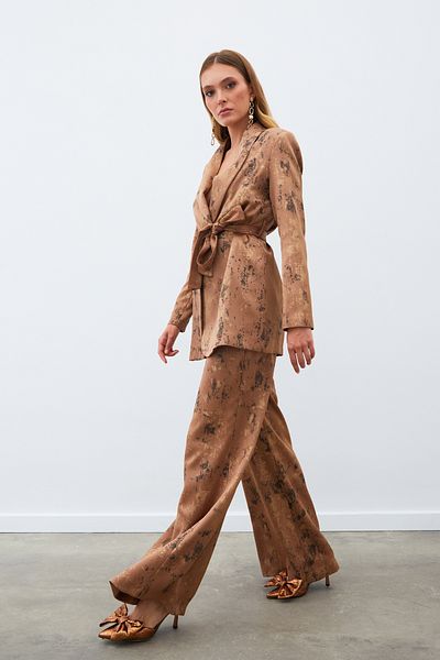 Sateen Brown Shiny Patterned Loose Trousers