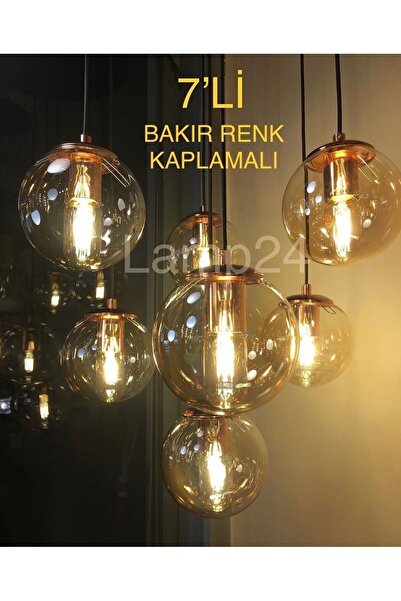 Lamp24 Dali Serisi 7’li Bakır Renk Kaplamalı Modern Avize - Bal Renk Camlı