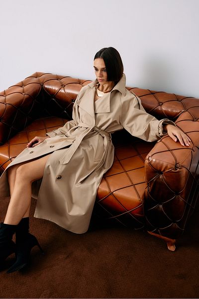 Sateen Beige Long Belted Trench Coat