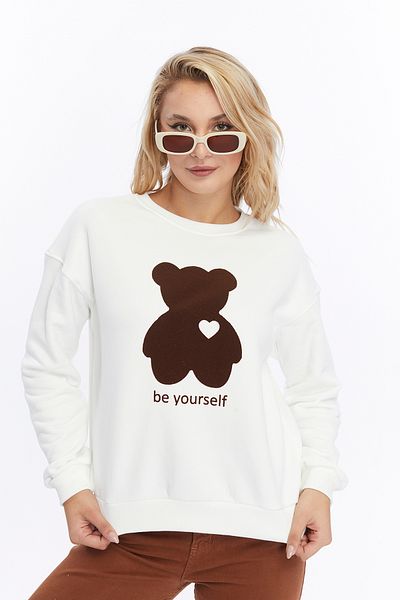 Gidia Velvet Be Yourself Patterned Ecru Soft Textured Regular Fit Crew Neck Women's Sweatshirt