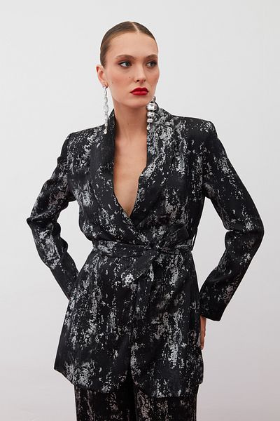 Sateen Jachetă lungă cu curea cu model strălucitor - NEGRU-ARGINTIU