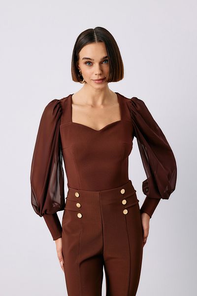 Sateen Καφέ Crop Μπλούζα - Μπαλόνι μανίκι